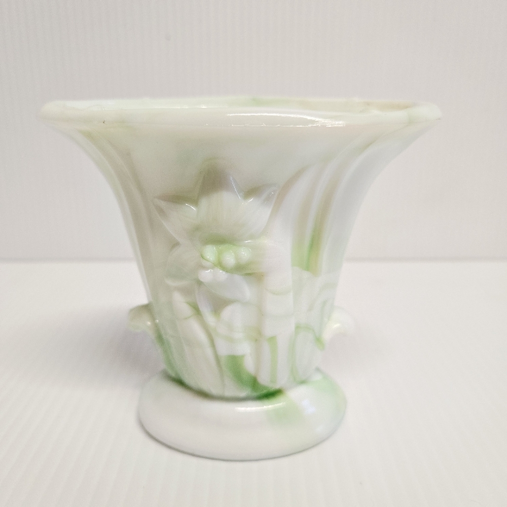 Vintage Small AKRO Agate Lily Vase Pale to Darker Green Slag Depression Glass
